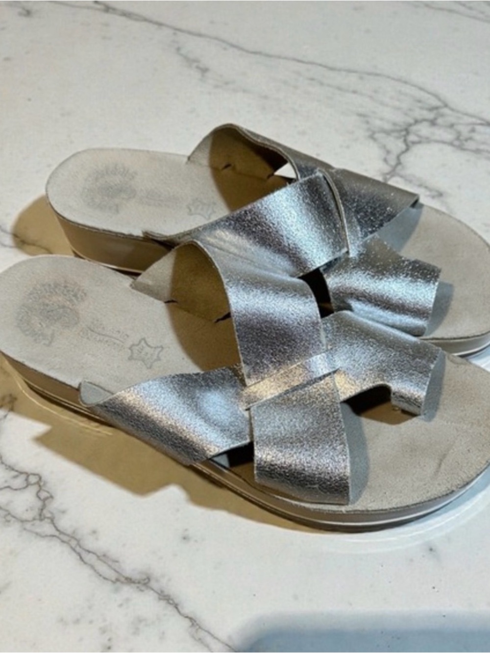 FANTASY SANDALS Silver Metallic Platform Slide Sandals Women EU 41 US 10 Comfort